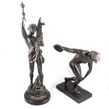 After C T Perron, Paix et Travail, a patinated bronze sculpture; and another of a discus thrower