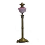 Edwardian brass oil lamp, pink opalescent reservoir