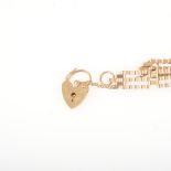 A 9 carat yellow gold three bar gate link bracelet with padlock fastener, crimped links, overall
