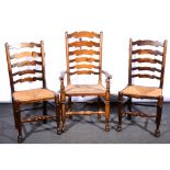 Harlequin set of six ash, elm and beechwood wavy ladder-back dining chairs