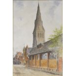 Albert H. Findley, St. Martin's Church and Old Town Hall, Leicester, signed, watercolour,