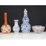 Chinese blue and white gourd shape jar with lid, a small tea bowl, Satsuma stem vase, and another