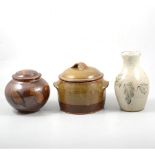 Three Studio pottery vessels, including a Wenford Bridge Pottery casserole pot.