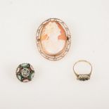An oval carved shell cameo brooch in a yellow metal frame overall 50mm x 40mm, 16mm micro mosaic