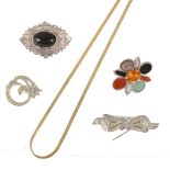 Two boxes of vintage costume jewellery, brooches, bead necklaces, rabbits claw brooches set with