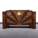 Eastern carved camphor wood coffer, labelled One Price store, Singapore