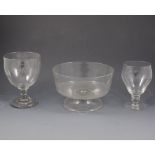 Large George III rummer, three other large rummers, and a pedestal glass bowl.