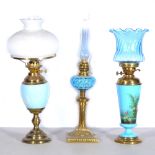 Three oil lamps, to include Duplex, white opaque upside-down bowl-shaped shade, blue ceramic