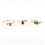Three 9 carat gold gem set rings, all 9 carat gold yellow and white mounts, a ruby and diamond
