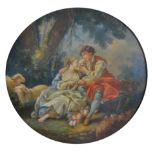 Follower of Nicholas Lancret, Shepherdess and Attendant, oil on circular metal panel
