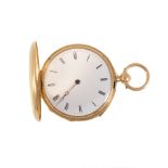 A yellow metal quarter repeating full hunter pocket watch, the white enamel dial having a Roman