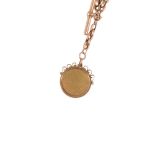 rose metal double albert watch chain with fob attached, 5mm gauge flat section oval belcher link