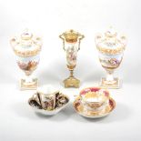 Pair of Capodimonte porcelain amphora shape vases, and other ornamental ceramics.