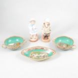 A collection of decorative ceramics, including a Clarice Cliff sandwich tray.