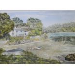 Elizabeth Scott, "At St Clement" a watercolour of a river inlet and cottage, 24cm x 34cm, Sophie