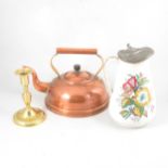A copper and brass kettle, brass candlestick, ceramic hotwater jug and four coaching prints.