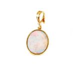 An oval cabochon cut opal doublet pendant, the stone 20mm x 16mm set in a yellow metal frame, the