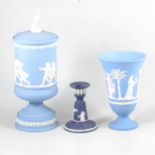 Wedgwood blue jasperware pedestal covered vase, 30cm, a flared vase, small circular bowl and a