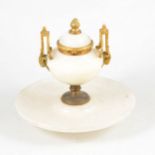 A marble inkstand in the Empire style, 20cm high, a white metal pedestal teapot probably Norwegian