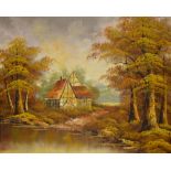 Continental, Autumn glade with cottage, oil on canvas.