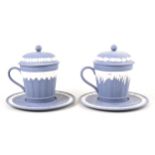 Pair of Wedgwood Jasperware limited edition covered chocolate cups and saucers/ trembleuses