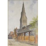 Albert H. Findley, St. Martin's Church and Old Town Hall, Leicester, watercolour,