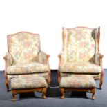 Pair of modern French stained beechwood bergere easy chairs,