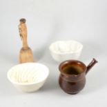 A collection of pottery, glass and copper moulds, (2 boxes).