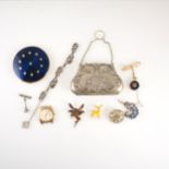 Selection of costume jewellery, wrist watches, silver plated purse, badges and pens.