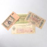 German 1923 Bankers order 20 Zwanzigmilliarden, and three Russian banknotes.