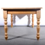 Modern pine kitchen table, scrubbed top, turned legs, 155cm x 92cm.