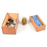 Boxed bone and ebony dominoes, plastic dominoes, chess board, brass monkey, silver cigarette box.