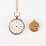 An 18K outer case fob watch, silver open face pocket watch and small gold cased watch. (3)