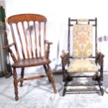 American stained wood rocking chair, patterned upholstery,