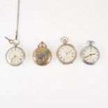 A collection of pocket watches, a silver open face pocket watch with silver dial having a gilt