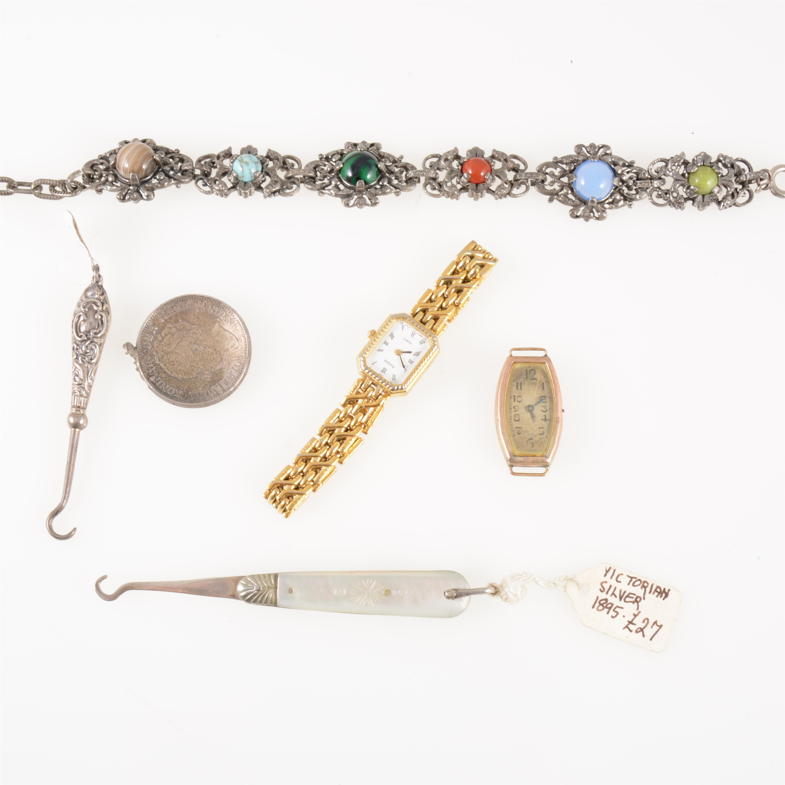 A box of collectables and jewellery, two small mother of pearl button hooks and a silver handled