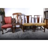 Walnut elbow chair, elm and beech elbow chair, an oak single dining chair and one other, (4).