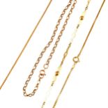 Three gold chains, a 9 carat yellow gold box link chain 36cm long, approximate weight 4.1gms, a