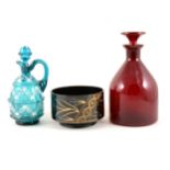 Ruby glass mallet-shape decanter, ...