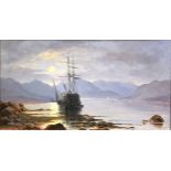 William Currie, "Loch Long Moonlight", oil on board.