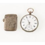 A silver open face pocket watch and silver vesta case.