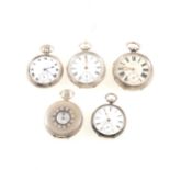 Four silver open faced pocket watches and one demi-hunter,