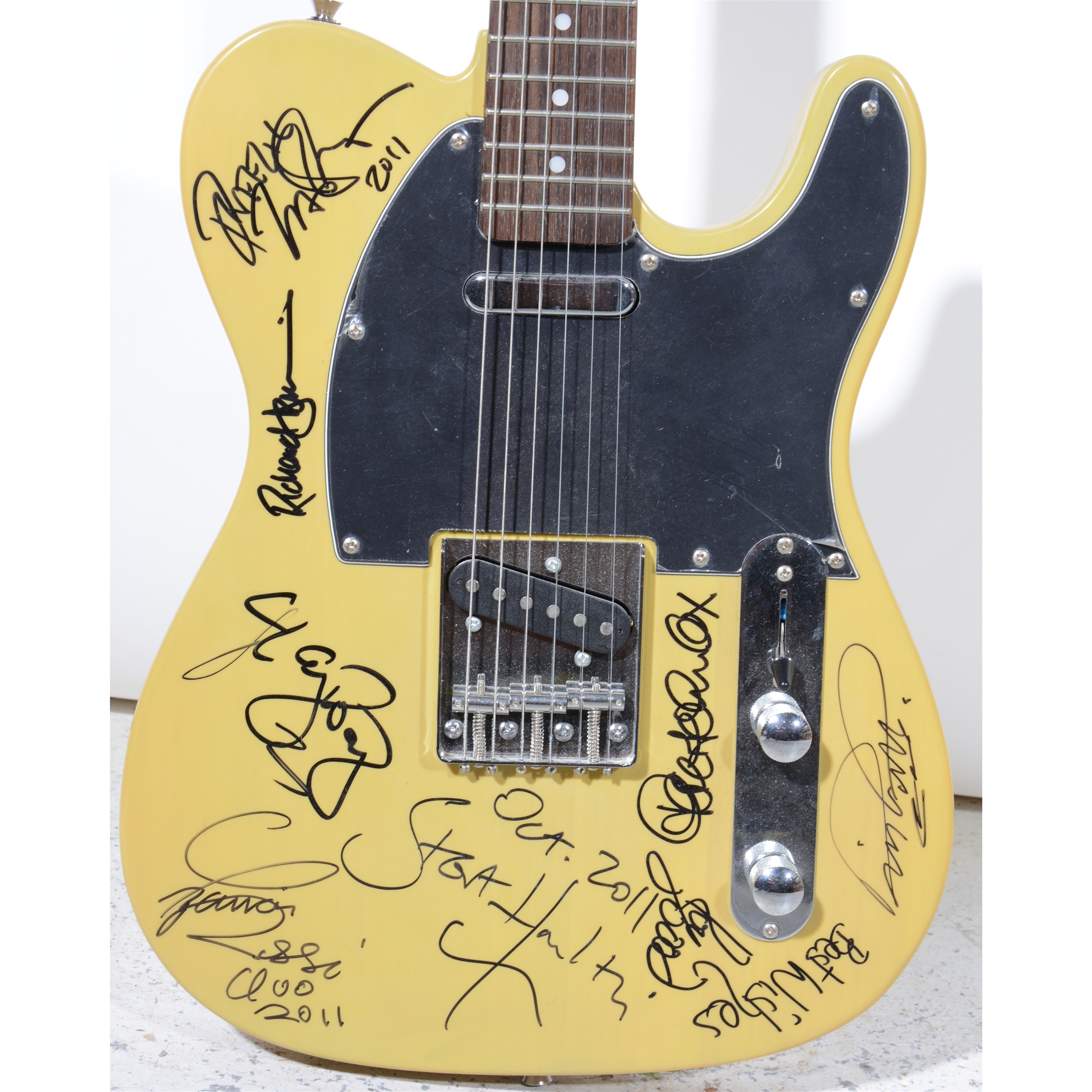 Jim Deacon Fender Telecaster style guitar, bearing signatures from Status Quo, Go West and others. - Image 2 of 2