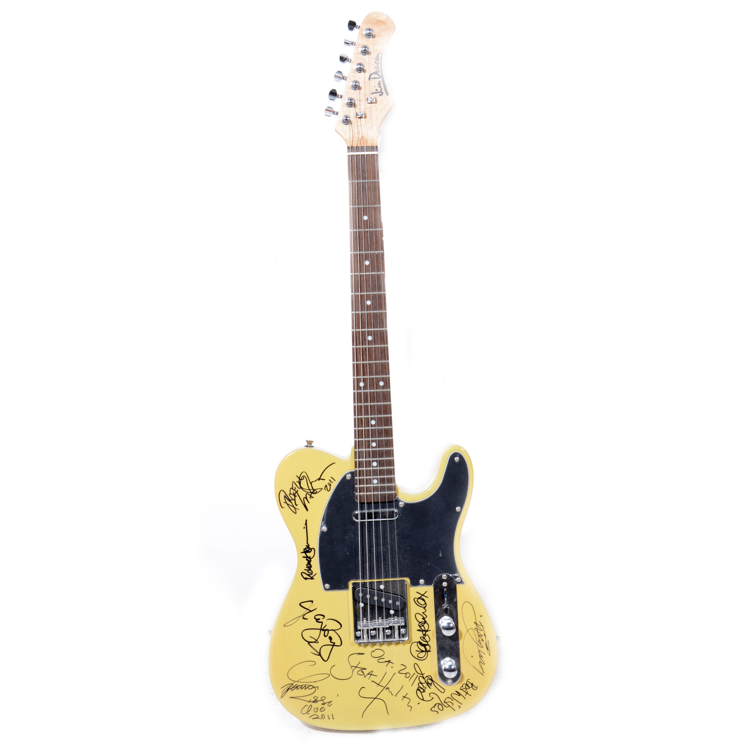 Jim Deacon Fender Telecaster style guitar, bearing signatures from Status Quo, Go West and others.
