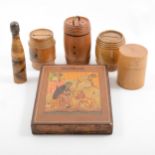 Miscellaneous treen barrels., leather travelling jewel case, an icon showing Saint Jerome, etc