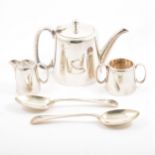 Silver plated part canteen of cutlery, other flatware, and a three piece bachelor's teaset.