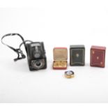 Pair of Prinzlux 10x50 binoculars, Ensign Ful-vue camera, and assorted items.