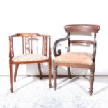 Edwardian inlaid mahogany occasional chair, with a hoop back.; William IV elbow chair.