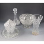 Cut glass table lamp, an oil lamp and other glassware.