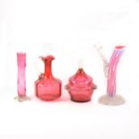 Nailsea type festooned glass flask, and other cranberry glass.